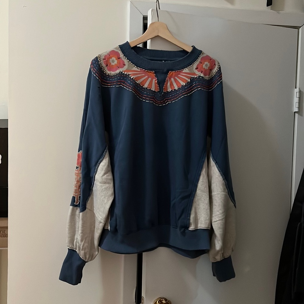 Free People Blue Floral Yoke Contrast Sleeve Sweatshirt